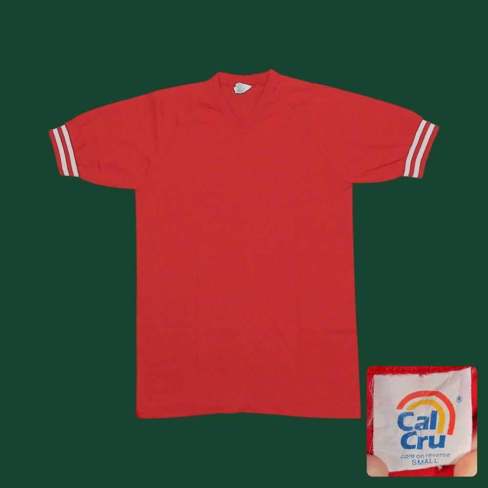 Vintage 80s Cal Cru Red V-Neck Ringer Tee Single Stitch Womens S